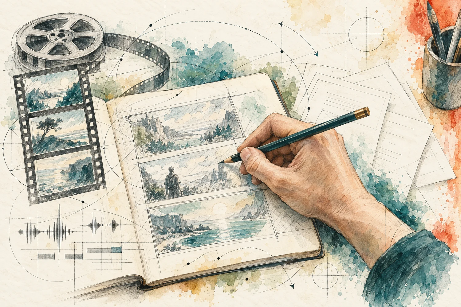 Pencil and watercolour study of a human hand drawing a storyboard, surrounded by film frames, script pages and sound-editing marks.