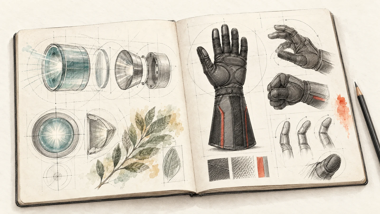 Open inventor notebook with graphite studies of optical delivery, a protective gauntlet and an ordinary botanical leaf, accented in DragonSun colours.
