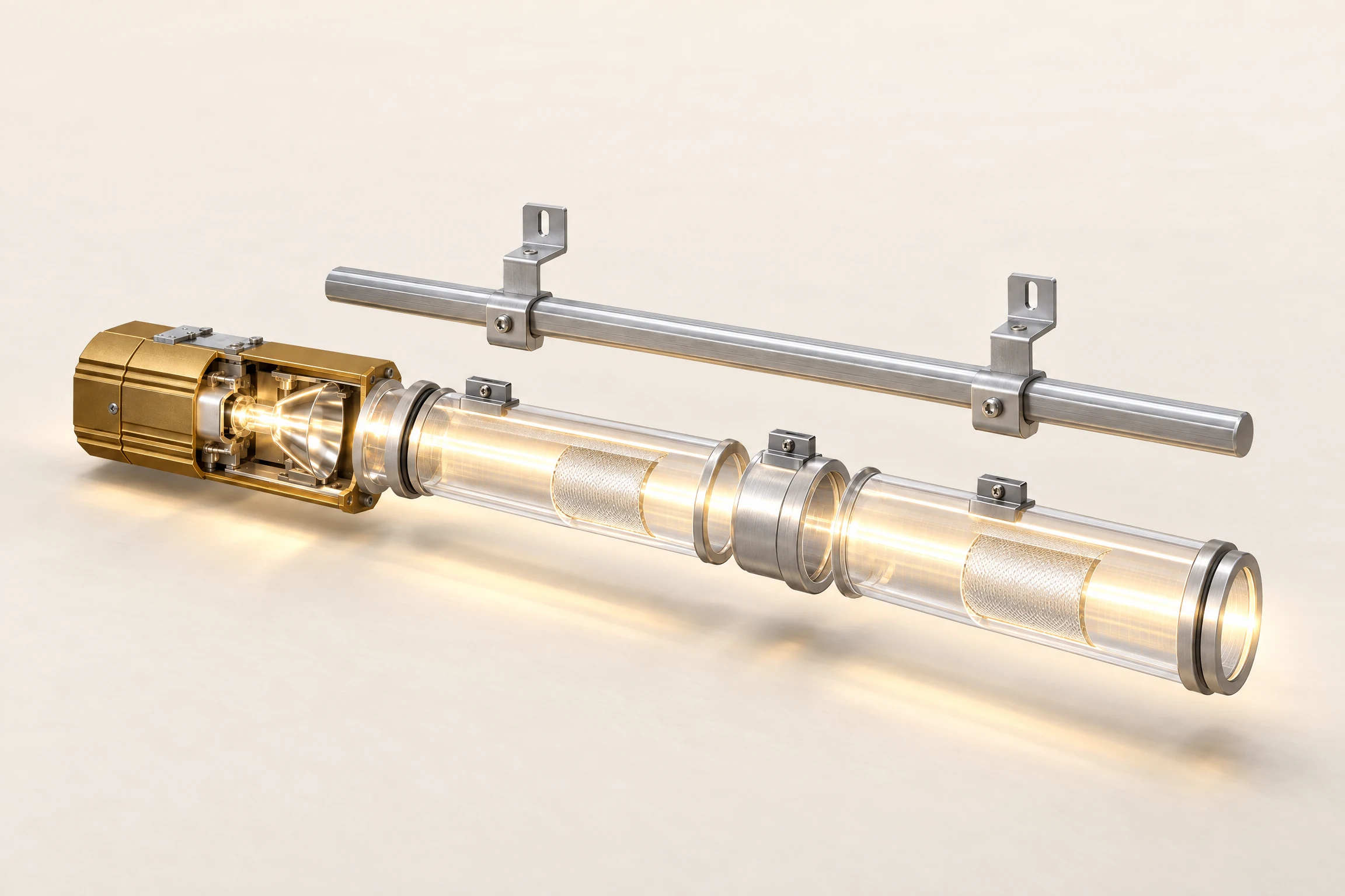 Illustrated Lightpipe component assembly: source housing and reflector, optical-film-lined modular guides, coupling collar and support rail/clamps.