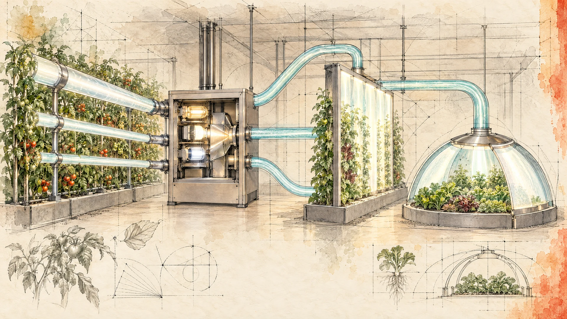 Graphite and watercolour concept study of a central Lightpipe driver supplying different-diameter pipes, a wall of light and an optical-film light dome around crops in an enclosed growing space.