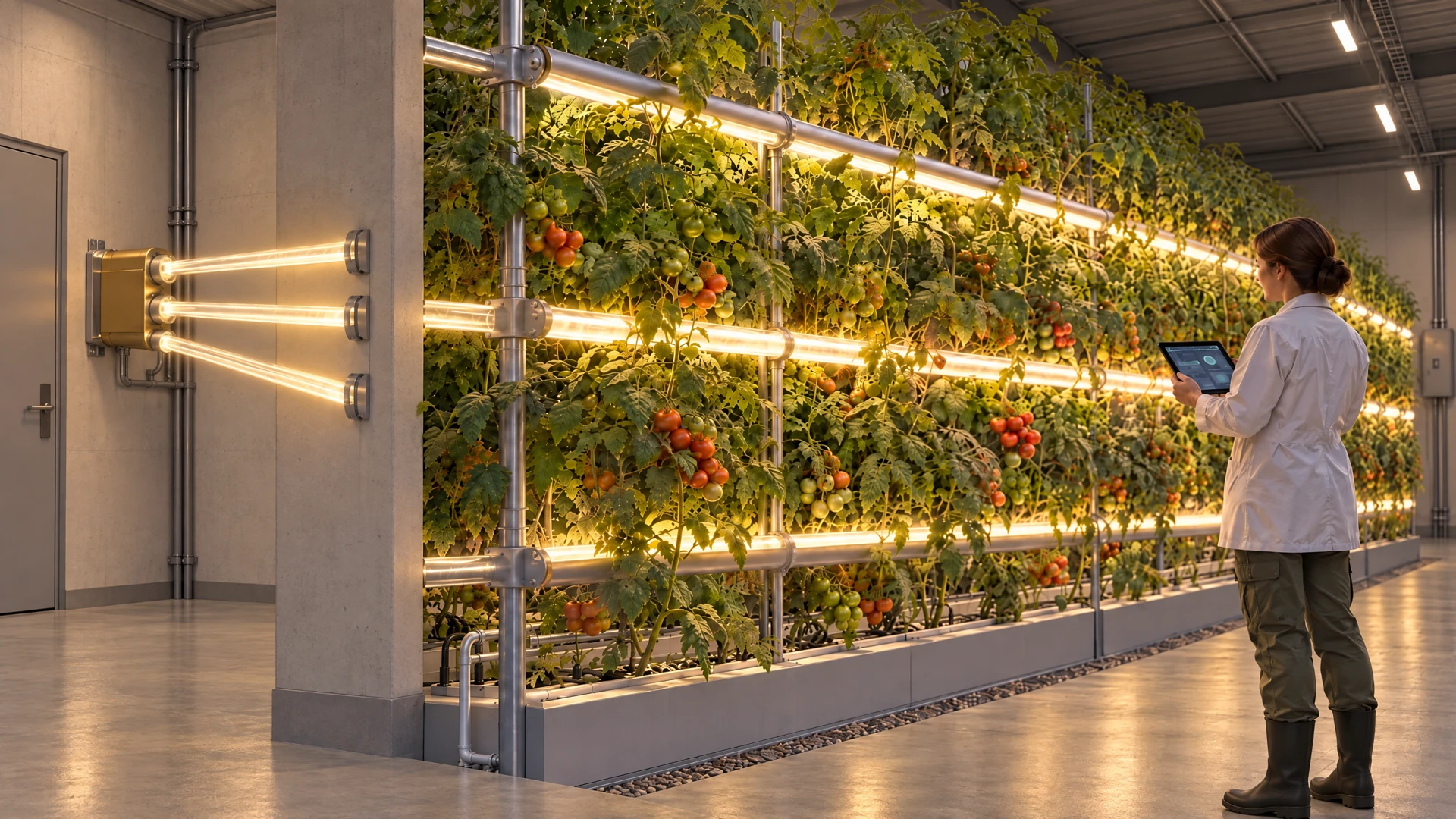 Lightpipe design illustration in a windowless warehouse: source enclosure, illuminated pipes beside plants and a cultivator using tablet control.