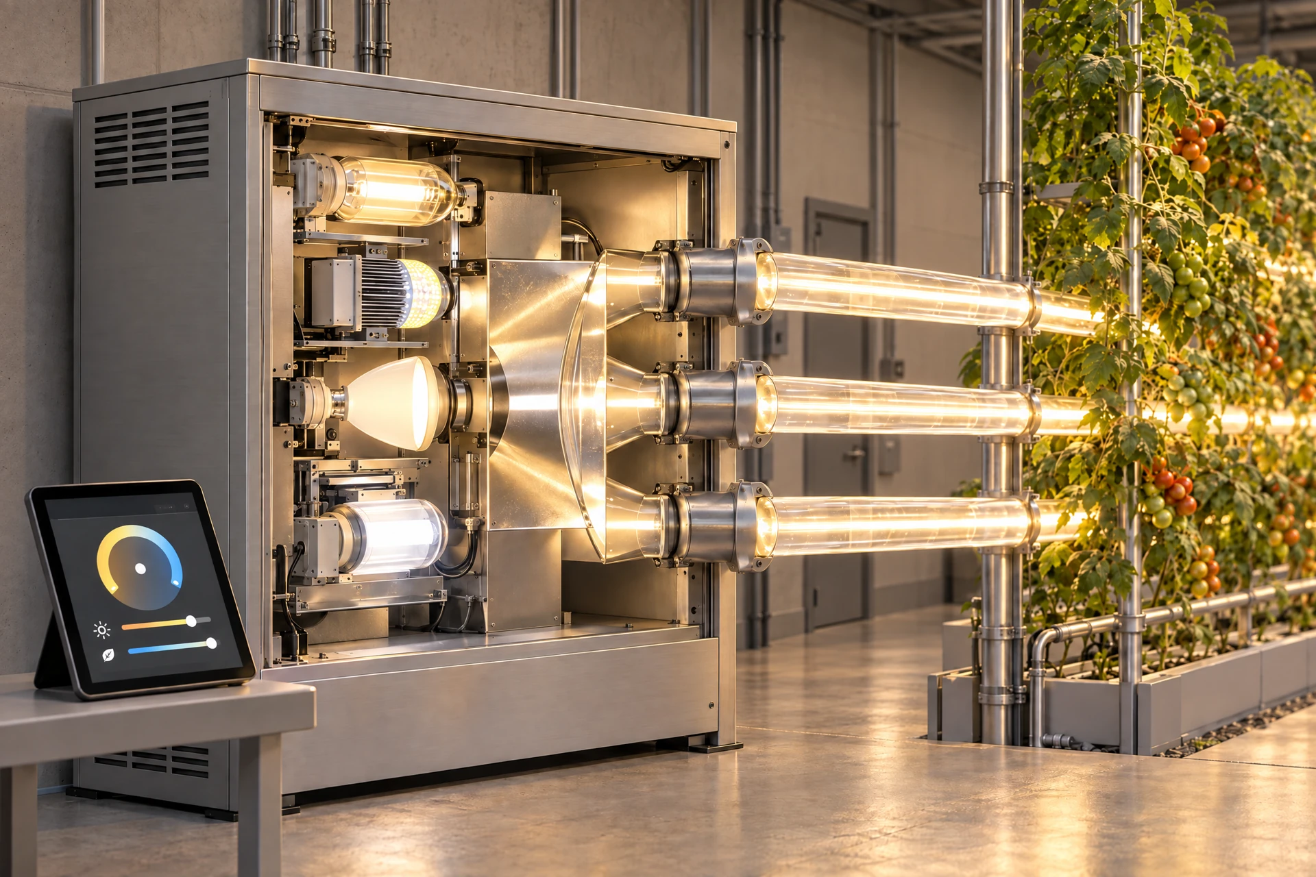 Illustrated V1 driver in an opaque enclosed warehouse: multiple light-source types, reflector/mixing chamber, guide outlets and tablet control.
