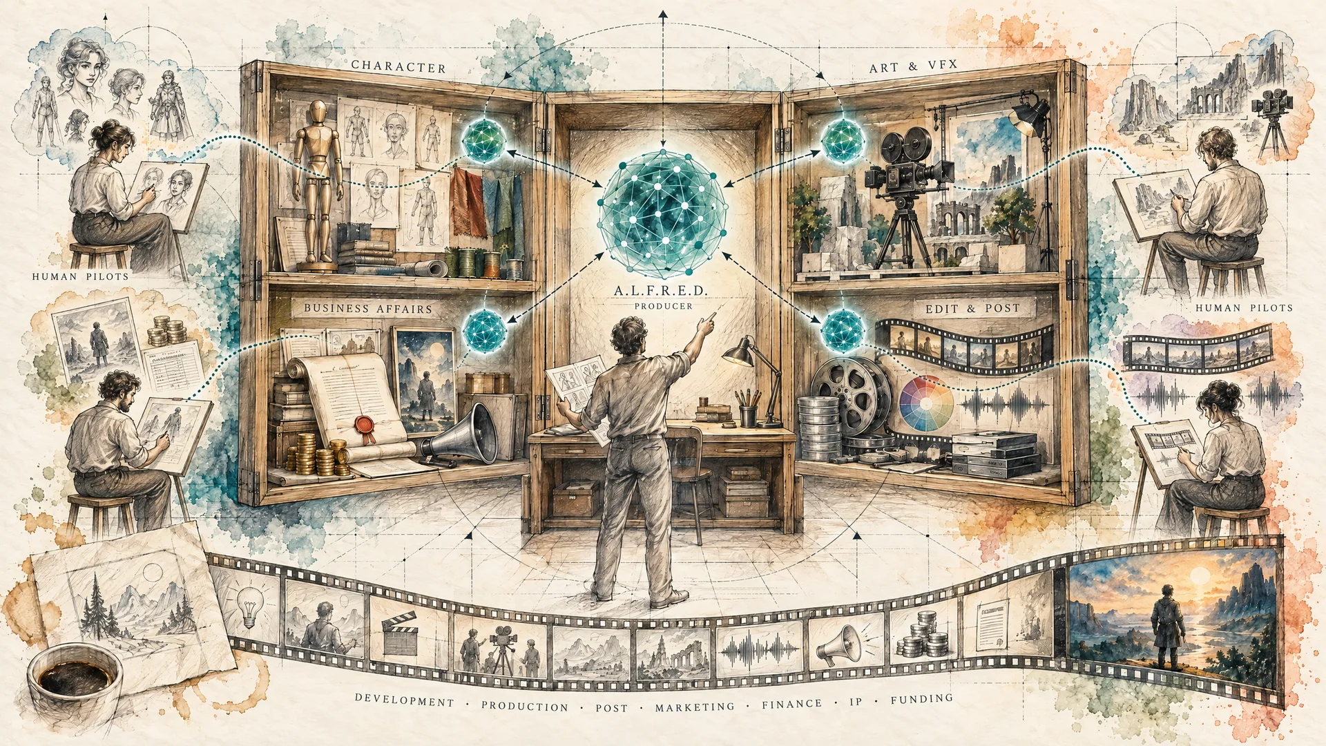 Graphite and watercolour concept drawing of a studio in a box. A.L.F.R.E.D., the producer DigiPloyee, sits at the centre of an open cabinet, linked to four specialist DigiPloyees for character, art and VFX, edit and post, and business affairs. Beside each department a human pilot sits at an easel, drawing the ideas from their imagination onto paper, and a dotted line carries each drawing to that department’s DigiPloyee. The lead creator directs from the producer’s desk, and a film strip runs from a napkin sketch through development, production, post, marketing, finance, IP and funding to a finished frame.